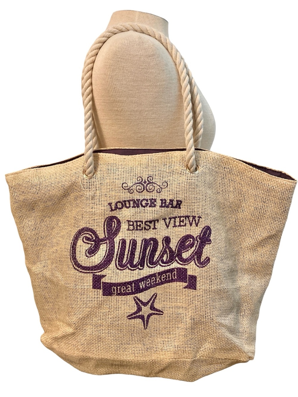 Pier 27 Beach Ocean Cruise Vacation Tote Bag Woven Jute Lounge Bar Sunset Large